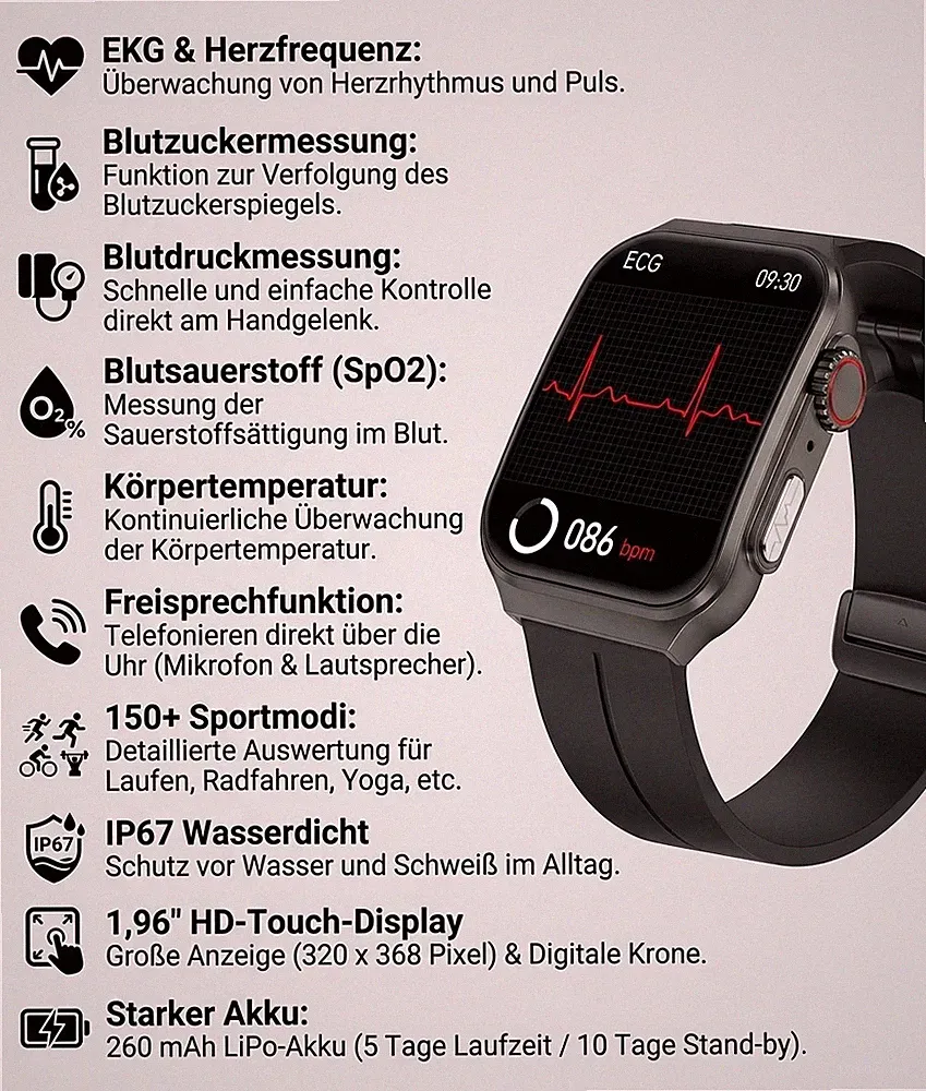 Medicals Uhr mit EKG Funktion: Smarte Fitness-Uhr mit EKG, Blutdruck, Bluzucker