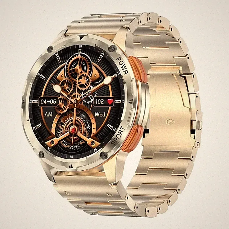 Militär Smartwatch Damen Herren AMOLED Smartwatch BT-Anruf App Gold Edelstahl