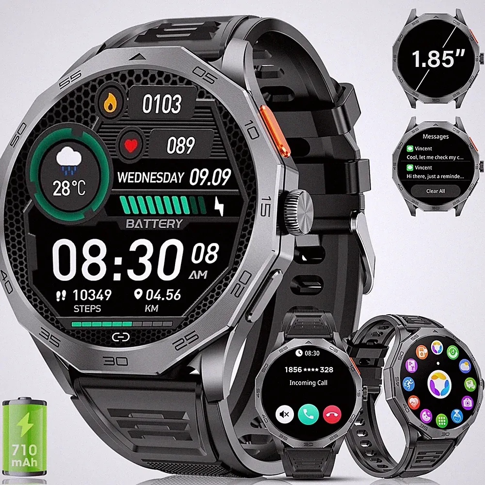Militär Smartwatch für Herren, 1,85 Zoll passend für Android und iPhone Geräte, mit