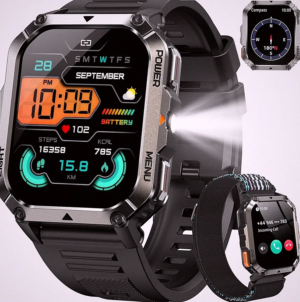 Militär Smartwatch für Herren (Annehmen/Anrufen tätigen) 2.01 Fitnessuhr mit