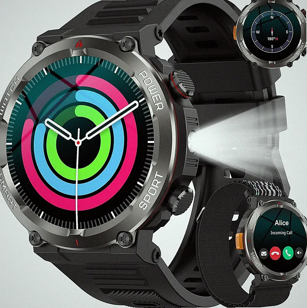Militär Smartwatch Herren 100 Tage Akku Bluetooth Anruf Kompass Taschenlampe