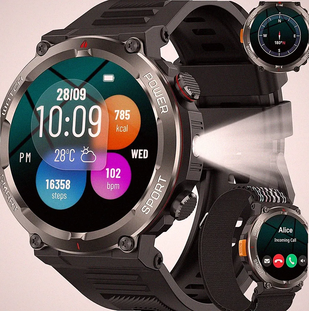 Militär Smartwatch Herren 100 Tage Akku Bluetooth Anrufe Taschenlampe Hochwertig