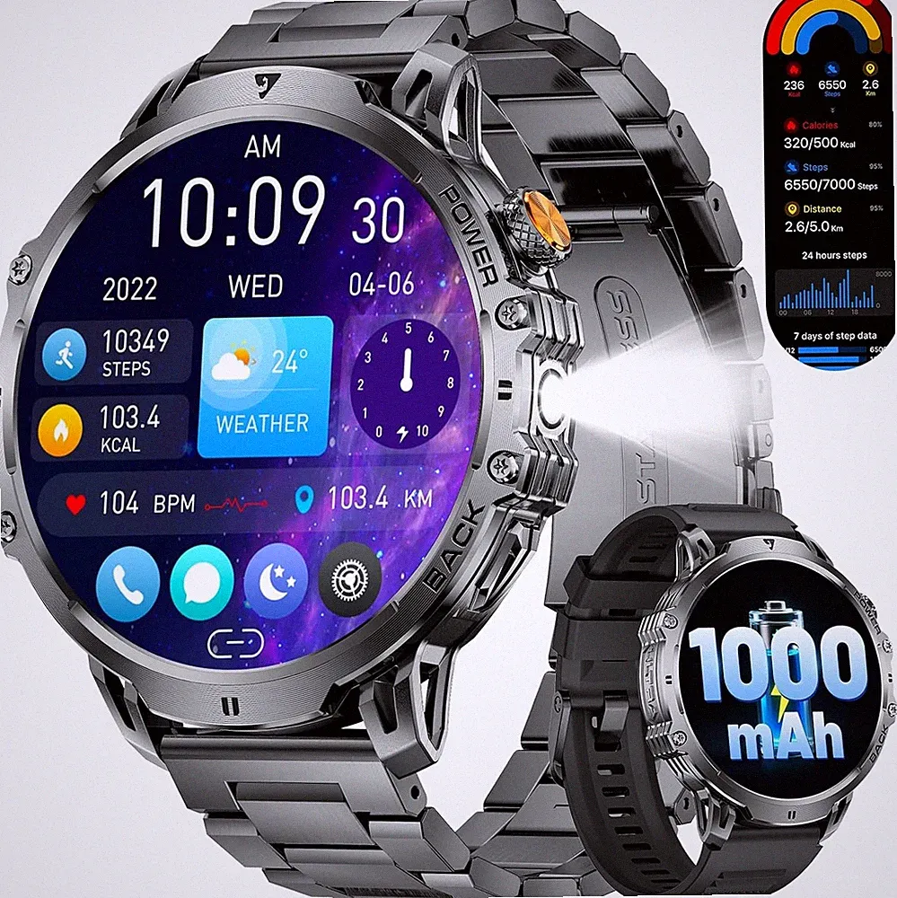Militaer Smartwatch Herren 1000mAh 1,85 Zoll HD Touchscreen LED Licht Outdoor