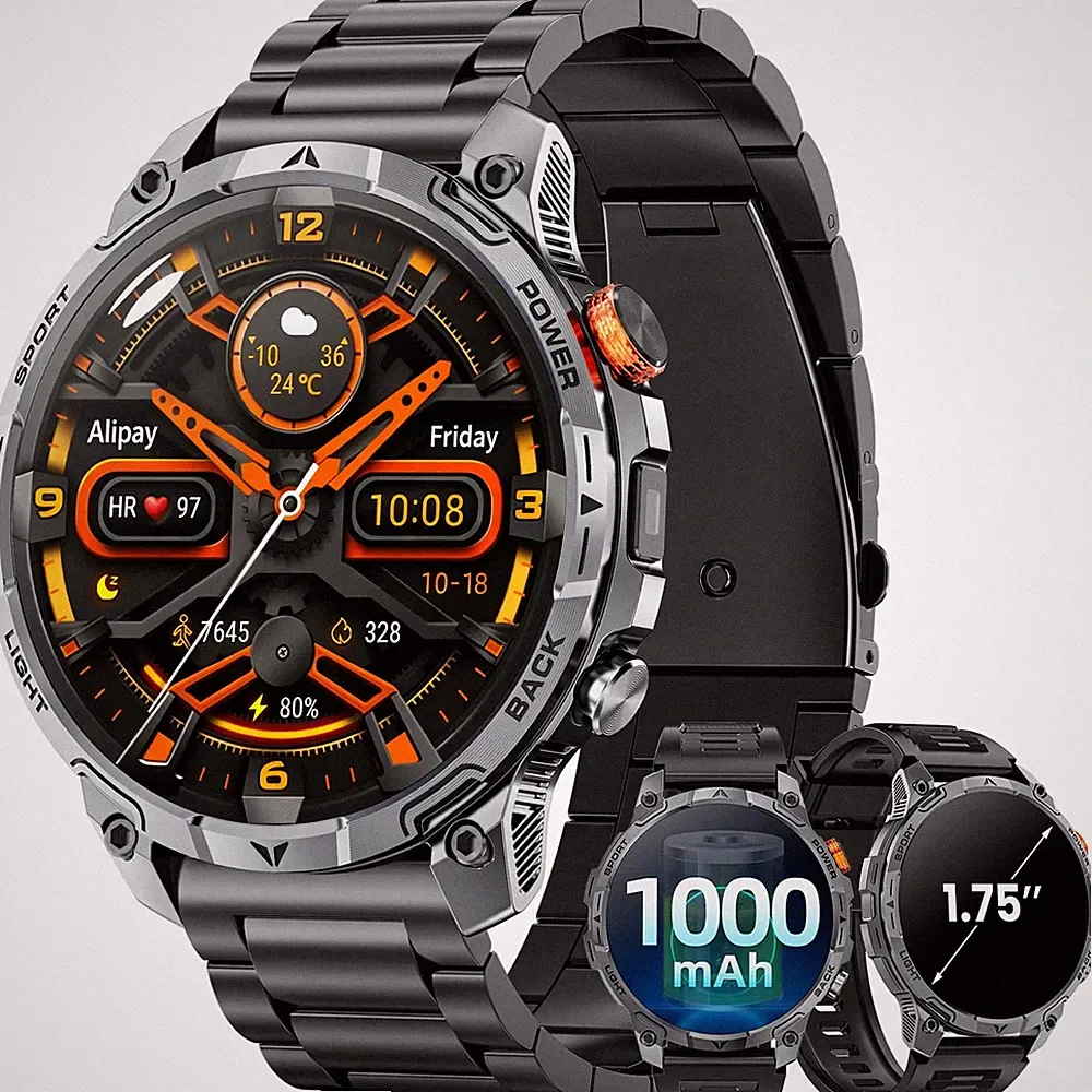 Militär Smartwatch Herren, 1000mAhAkku/2 Armbändern/LED Taschenlampen