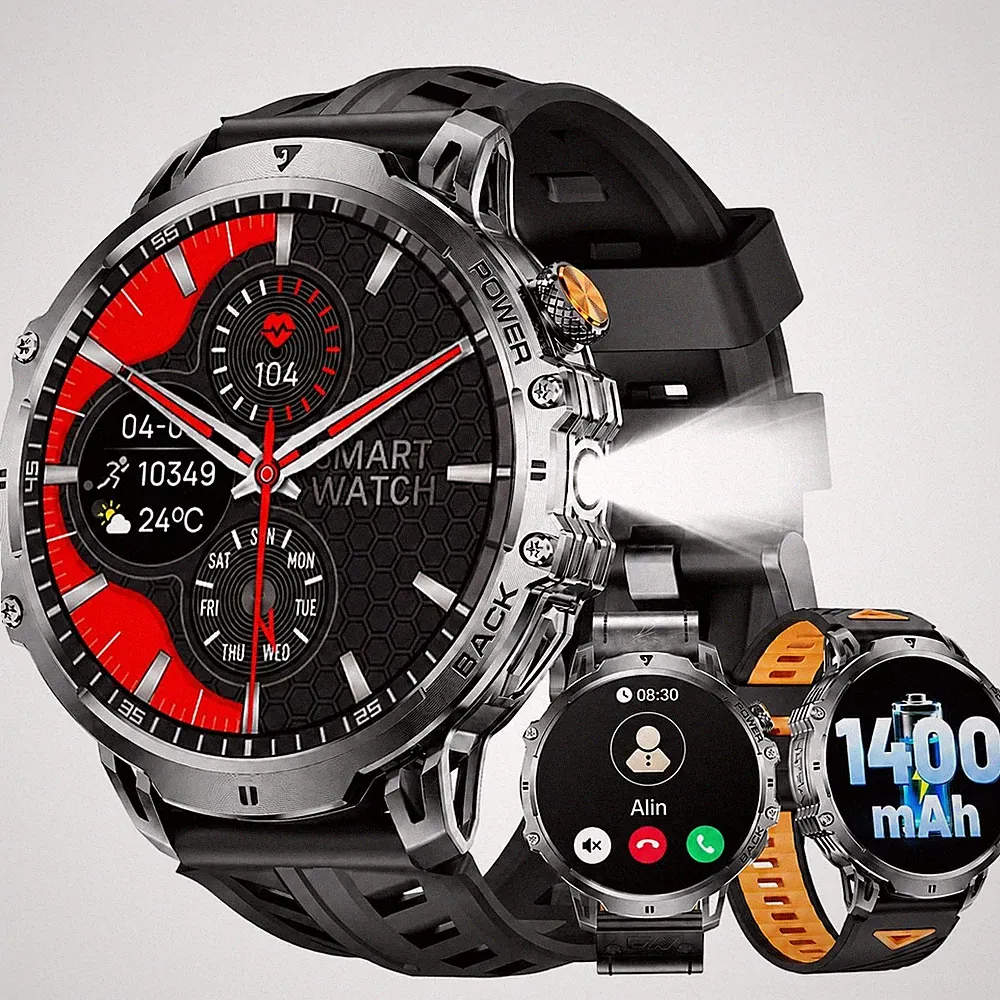 Militär Smartwatch Herren - 1400 mAh/1, 85" HD Großes Touchscreen/LED-Licht