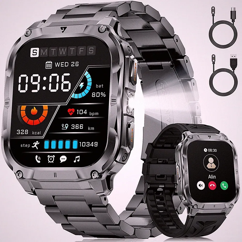 Militär Smartwatch Herren, 2,0ZollHDDisplay mit Telefonfunktion, LEDTaschenla...