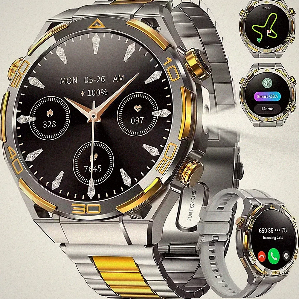 Militär Smartwatch Herren 900mAh Akku 14K Gold Business Armbanduhr，2 Armbändern