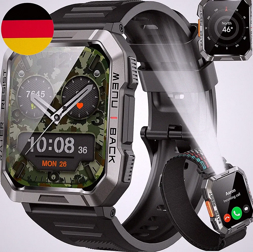 Militär Smartwatch Herren (Anrufe Annehmen/Tätigen), Fitness Tracker Mit Taschen