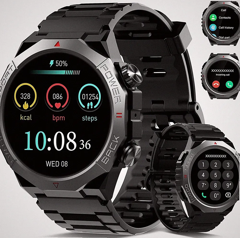 Militär Smartwatch Herren Damen, 1.39''HD Display Fitnessuhr für Outdoor, H