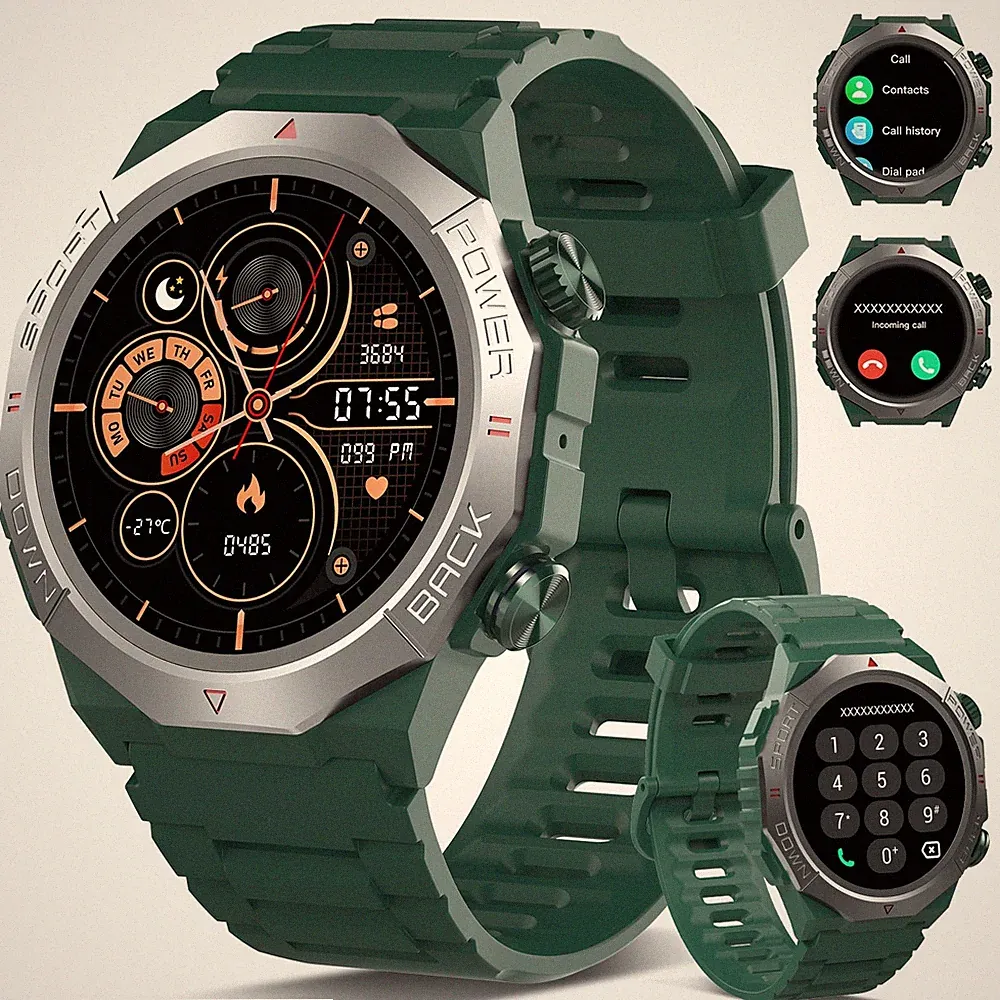 Militär Smartwatch Herren Damen, Smart Watch mitTelefonfunktion, Grün