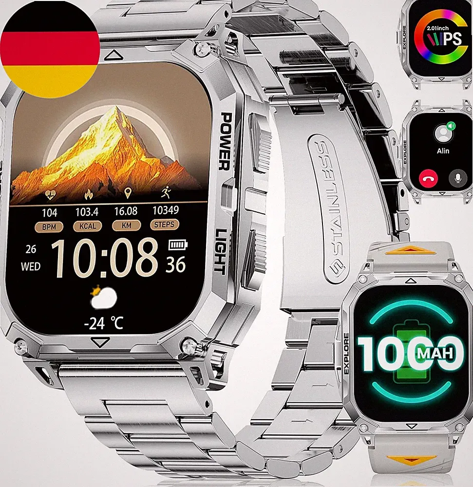 Militär Smartwatch Herren Mit 1000 Mah,2,01" HD Großes Touchscreen Smartwatch Mi