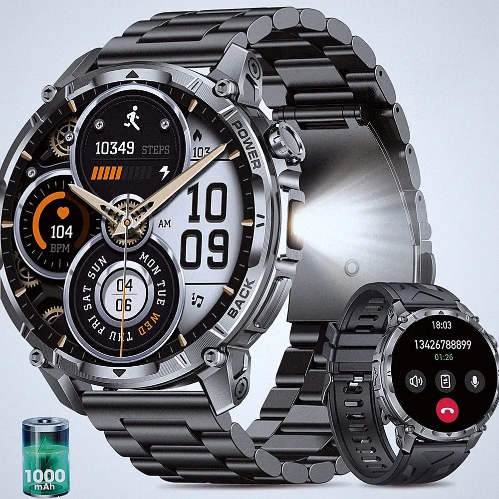 Militär Smartwatch Herren mit 1000 mAh Akku/LEDLicht, 1.7" HD Touch Display F...