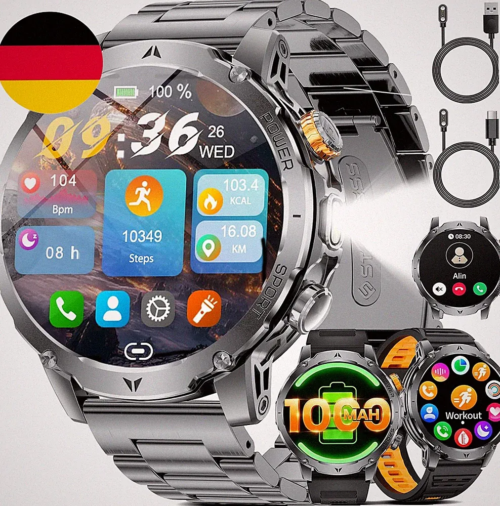 Militär Smartwatch Herren Mit 1000Mah Akku/Telefonfunktion,1.7" HD Großes Touchs