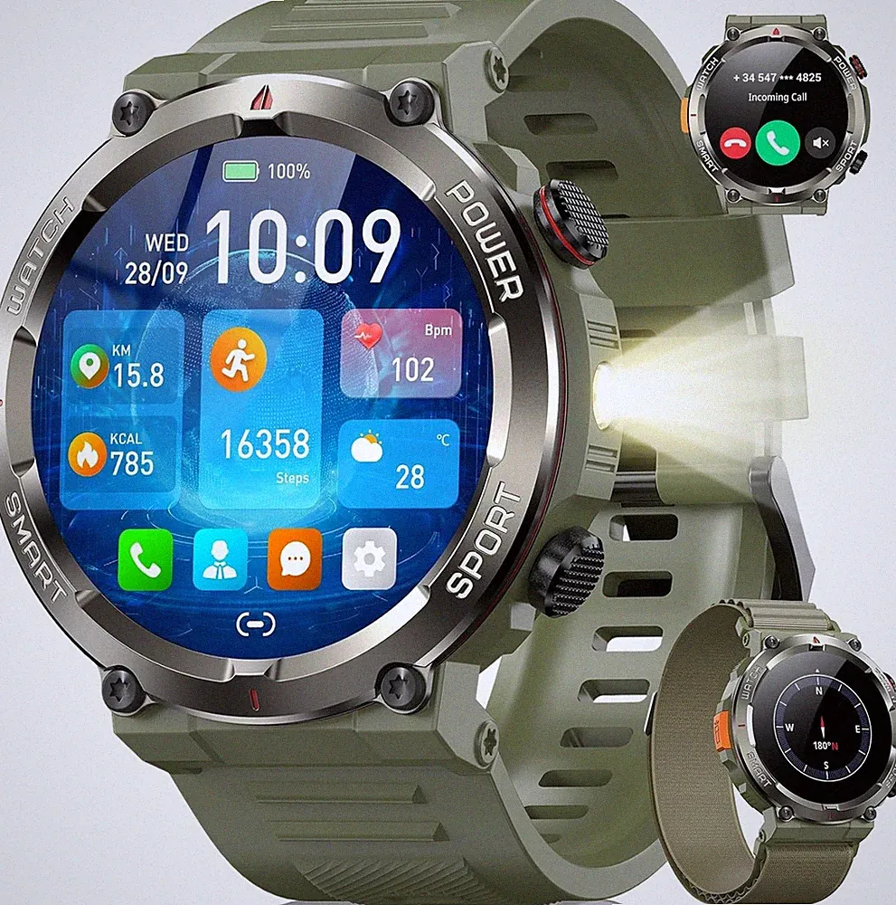 Militär Smartwatch Herren mit 960mAh Lange Akku mit LED-Taschenlampe Kompass Uhr