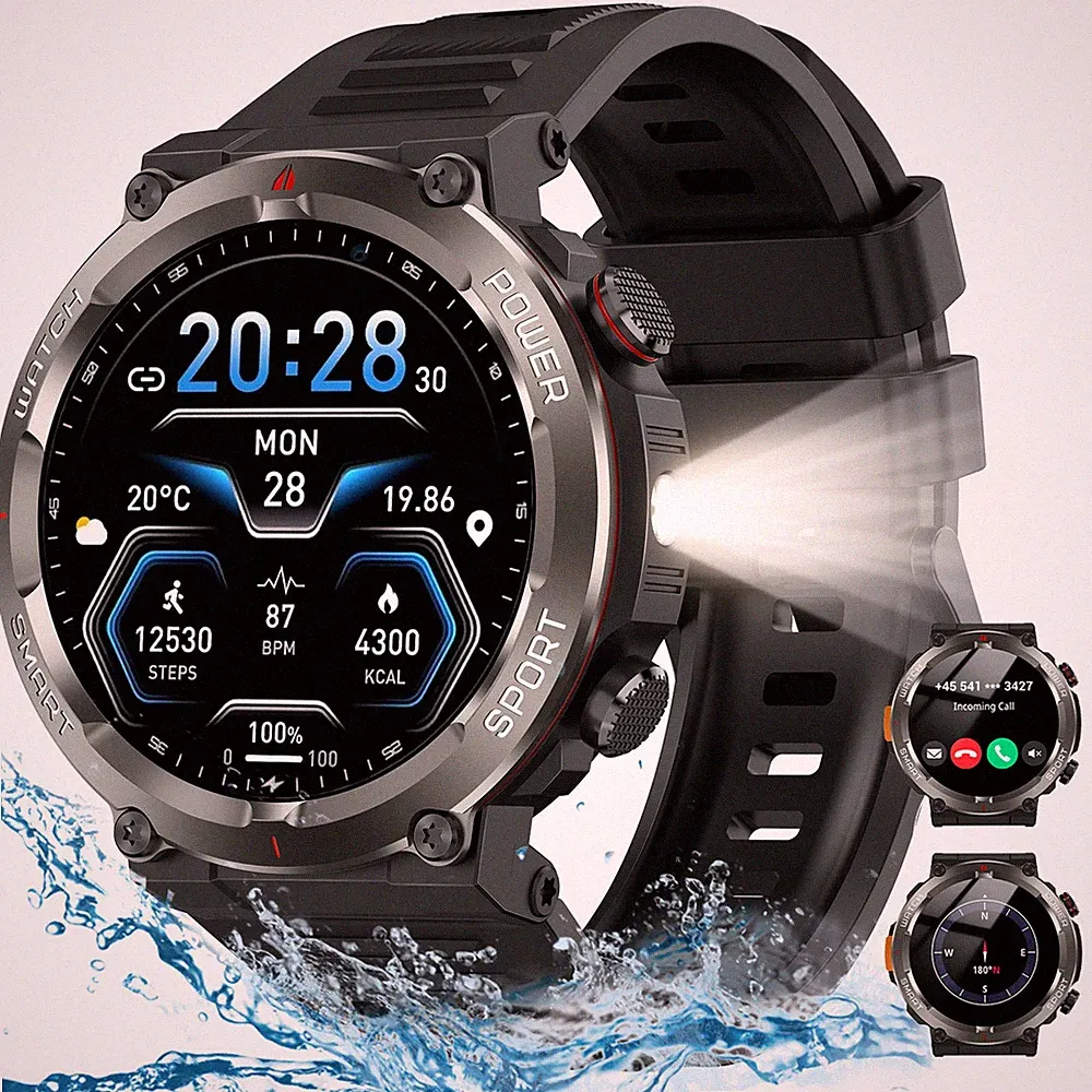 Militär Smartwatch Herren mit Bluetooth-Anrufe 5ATM Wasserdicht 960mAhFitnessuhr