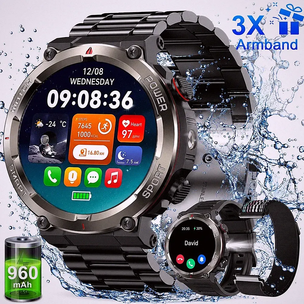 Militär Smartwatch Herren mit BluetoothAnrufe 5ATM Wasserdicht 960mAh 3* Armband