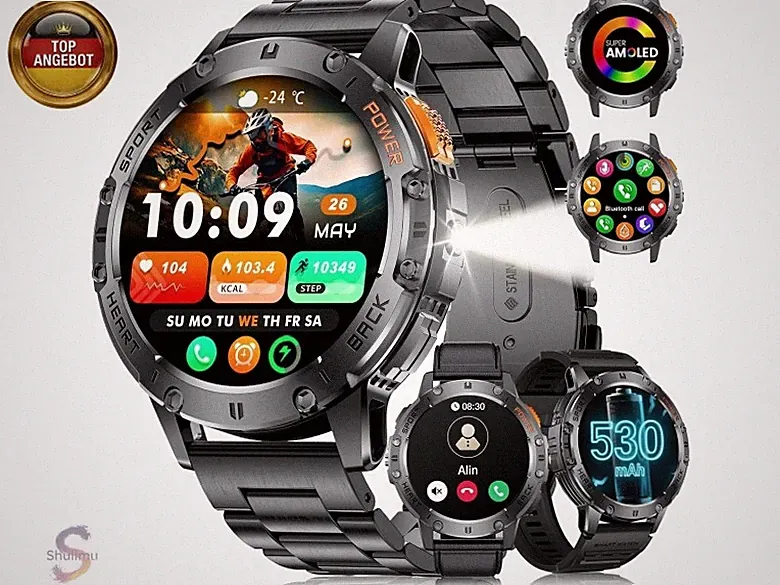 Militär Smartwatch Herren mit LED-Licht/530 mAh Batterie,1,43" AMOLED
