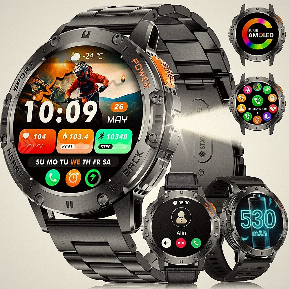 Militär Smartwatch Herren mit LEDLicht/530 mAh Batterie,1,43" AMOLED Smartwat...