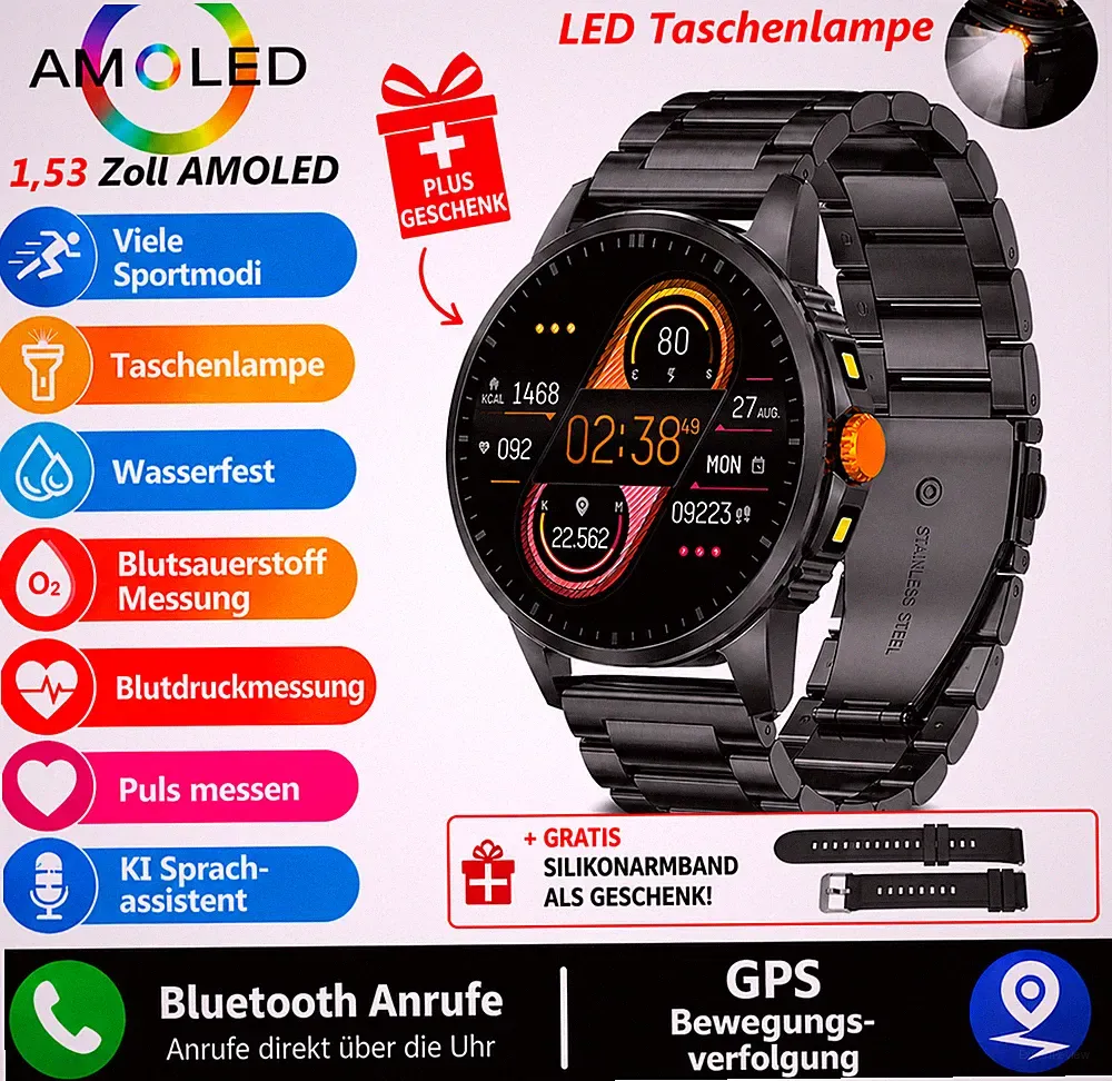 Militär Smartwatch Herren mit Telefonfunktion Sprachassiste Blutdruckmessung Spo