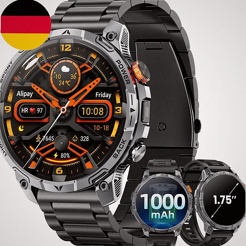 Militär Smartwatch Herren, Mit1000-Mah-Akku/2 Armbändern/1,75" HD Großes Display
