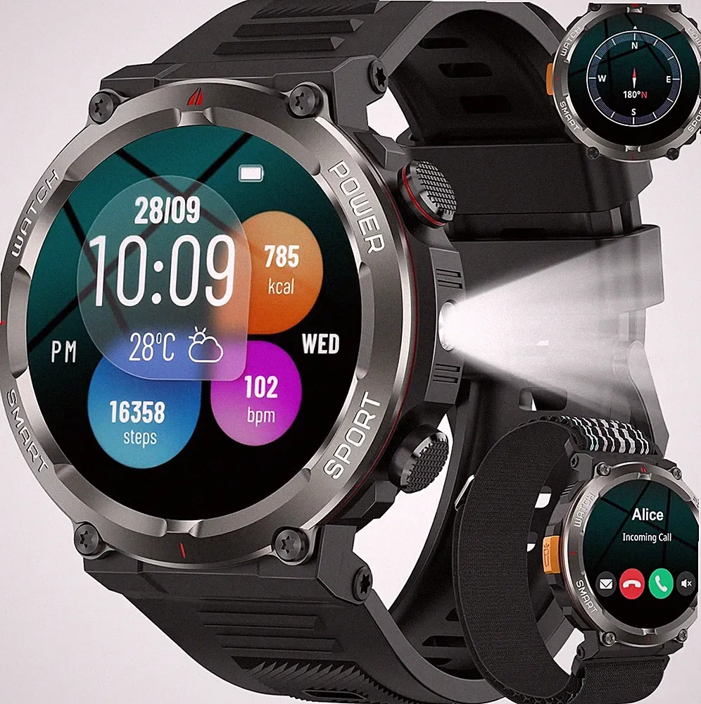 Militär Smartwatch Herren, Outdooruhr mit 100 Tage Akku/Bluetooth-Anrufe/Kompass