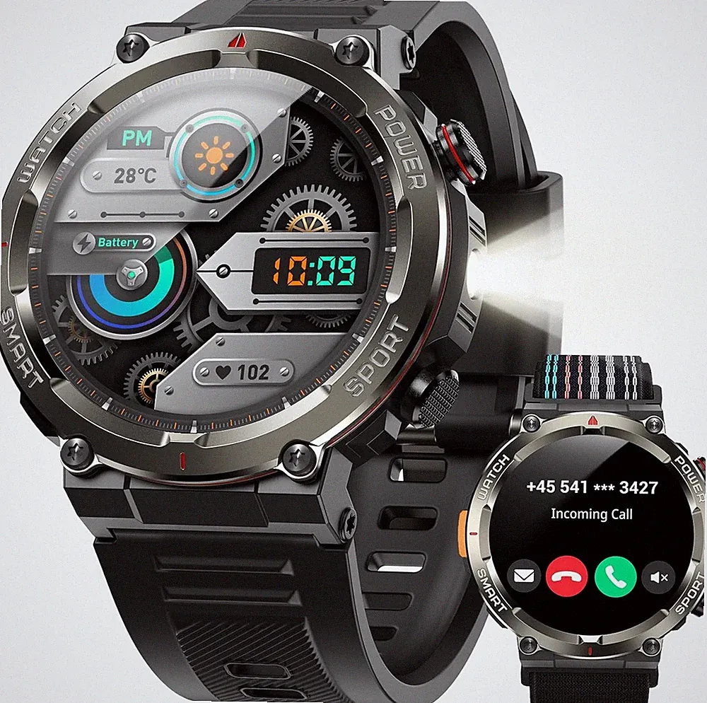 Militär Smartwatch Herren, Outdooruhr mit Bluetooth-Anrufe/Taschenlampe/Kompass