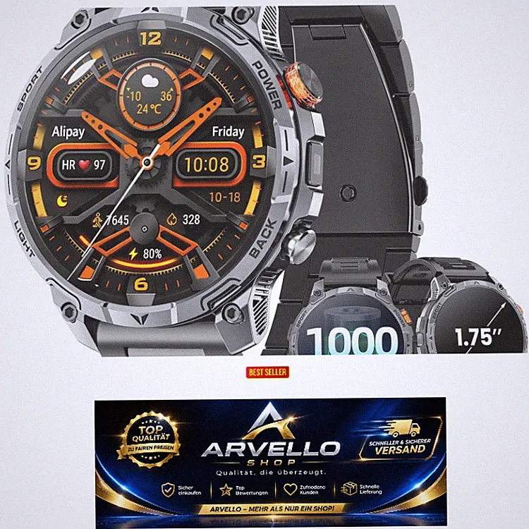 Militär Smartwatch Herren Schwarz 1,75" HD Touchscreen 1000 mAh Akku 110 2