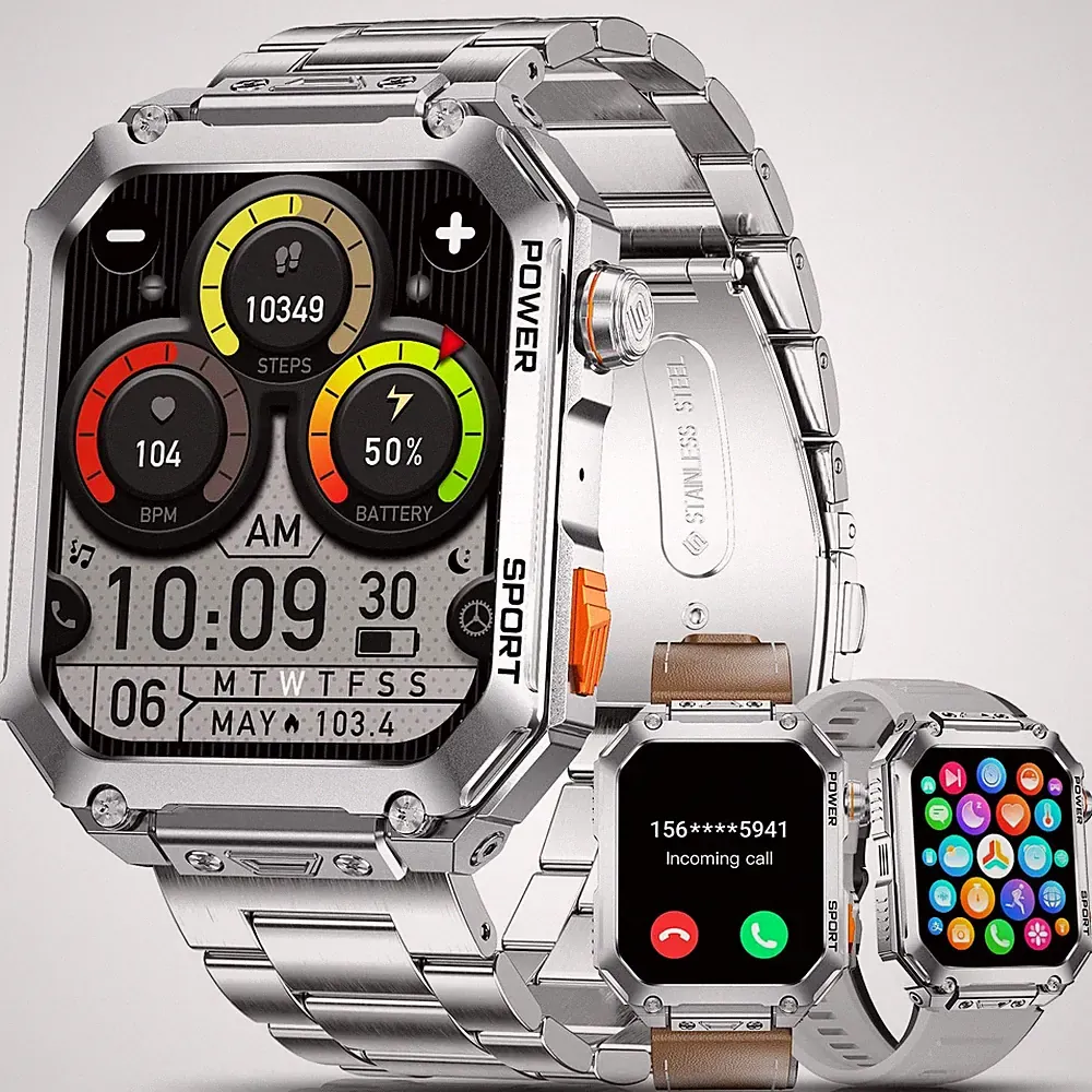 Militär Smartwatch Herren1.96'' Großes Smart Watch mit Metallarmband,Smartwat...