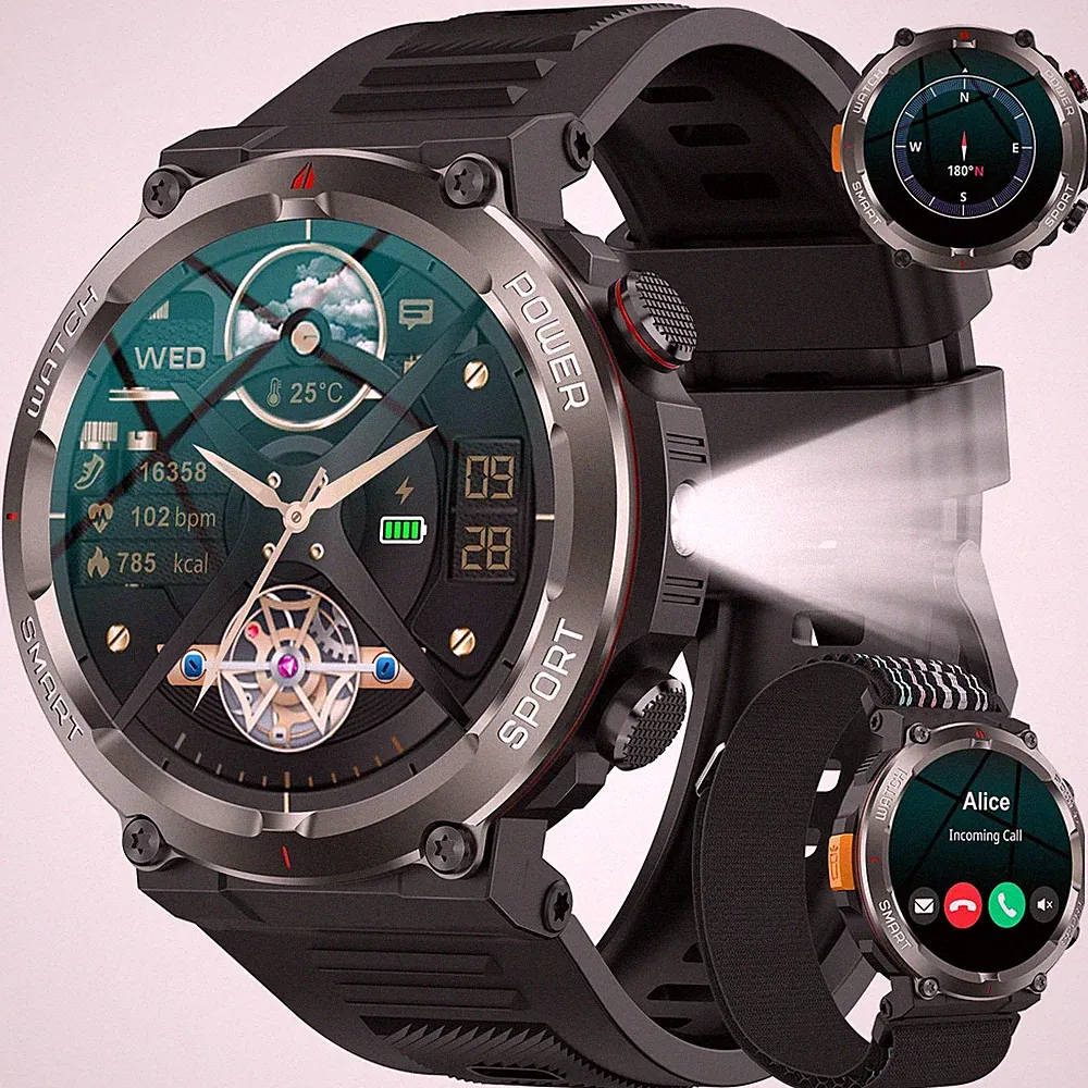 Militär Smartwatch Outdooruhr 100 Tage Akku/Bluetooth-Anrufe/Taschenlampe/Schlaf