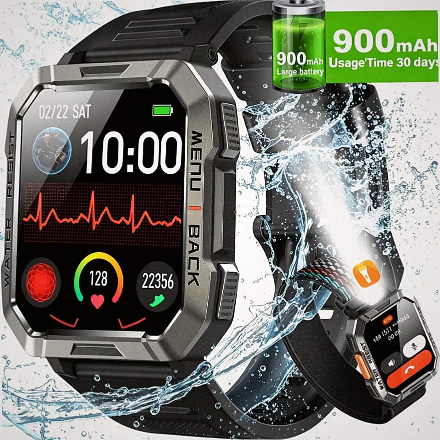 Militär Smartwatch Telefonfunktion Sprachassiste Blutdruckmesung LED Fitnessuhr