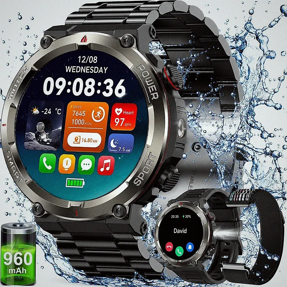 Militärische Stahlstreifen Smartwatch für Herren mit Kompass/LED Taschenlampe DE