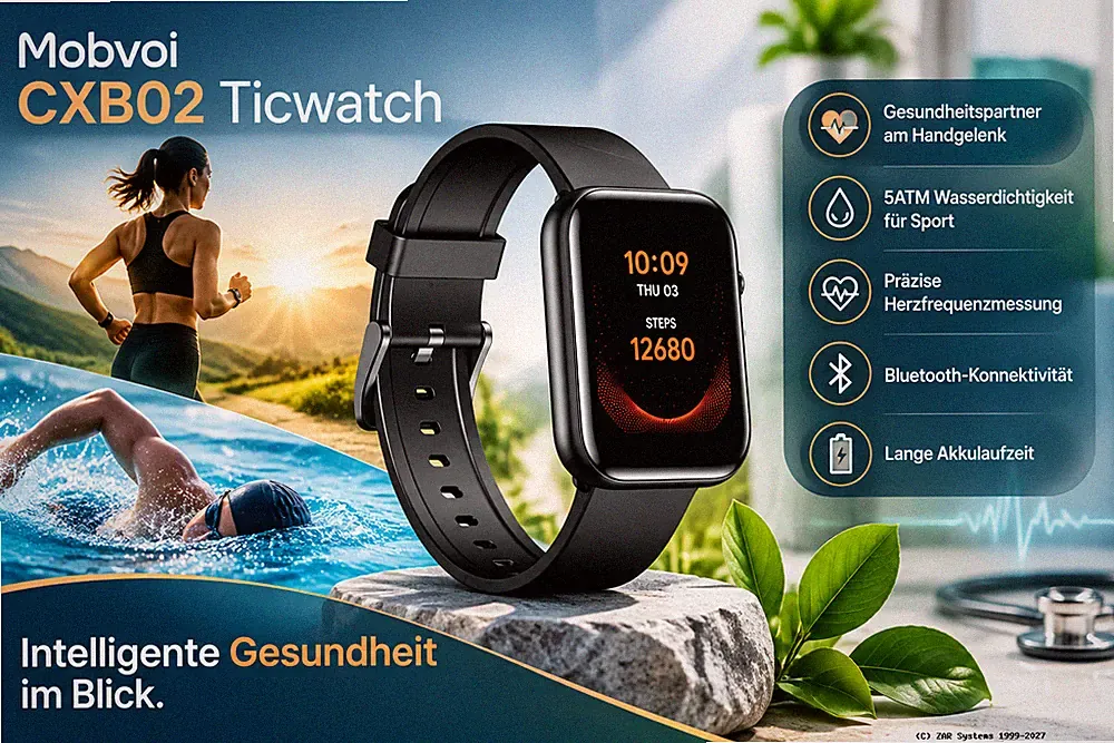 Mobvoi Ticwatch GTH Schwarz Smartwatch mit Bluetooth, Herzfrequenzsensor, 5ATM