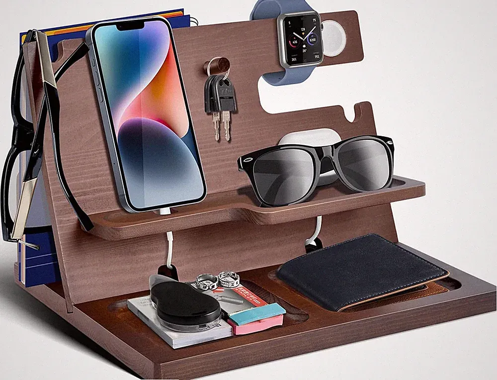 Nachttisch Organizer Holz Geschenk für Männer Papa Geburtstag Dockingstation