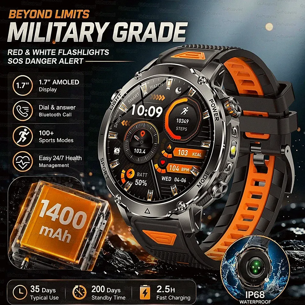 Neue Outdoor-Militär-Smartwatch mit 1400mAh Akku für Herren, GPS-Tracking, SOS-F