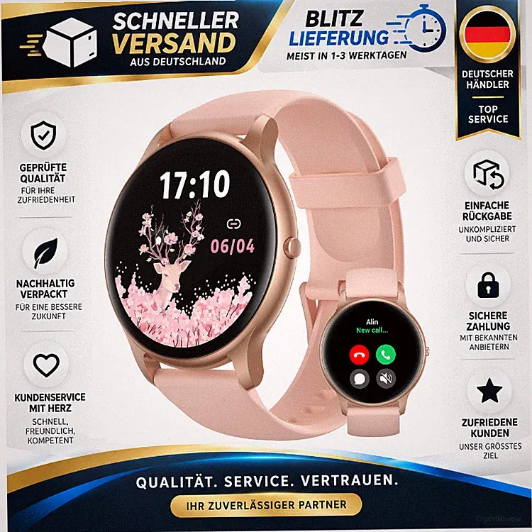 Parsonver Smartwatch Damen Rund mit Telefonfunktion, 100 Sportmodi, Roségold