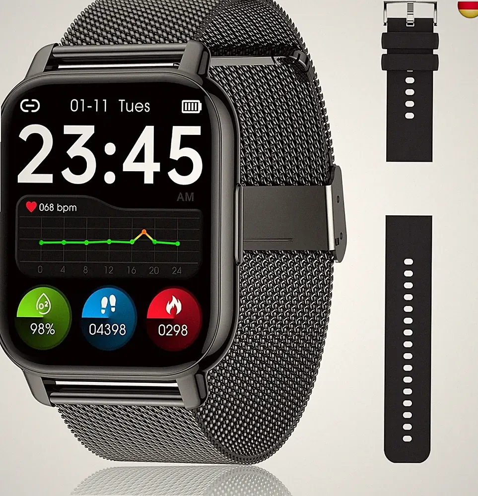 Popglory Smartwatch Herren Damen, 2 Uhrenarmband Sprachassistent, 100+ Sportmodi