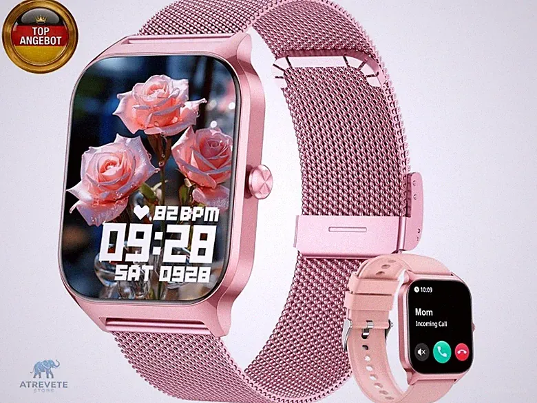 Popglory Smartwatch Herren Damen mit Blutdruckmessung, Bluetooth-Telefonie, AI