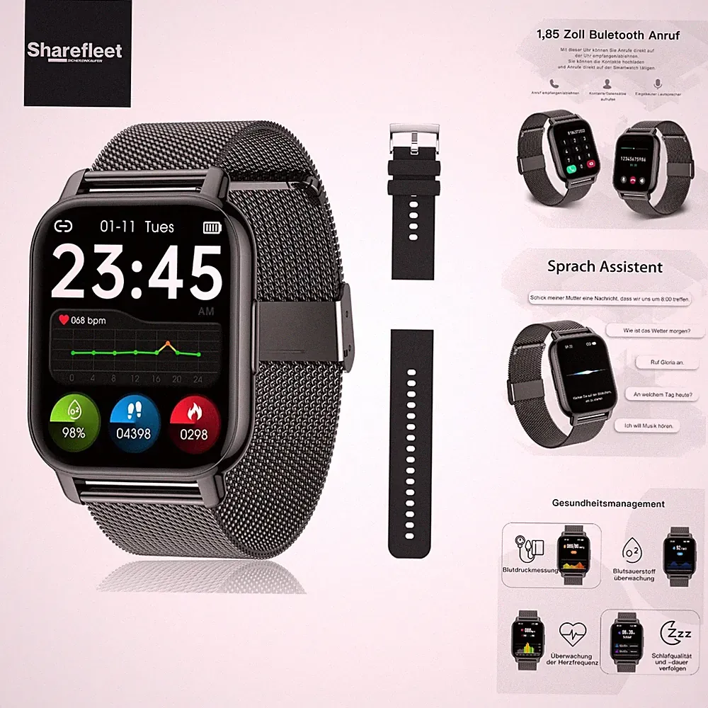 Popglory Smartwatch Herren Damen, Sprachassistent, 100+ Sportmodi Fitnessuhr...