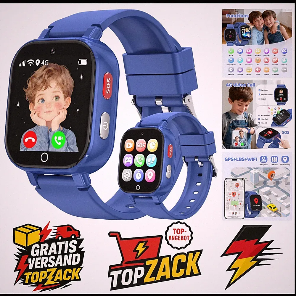 Pthtechus Kinder Smartwatch 4G GPS SOS Videoanruf Blau Kinderuhr mit Wecker S...
