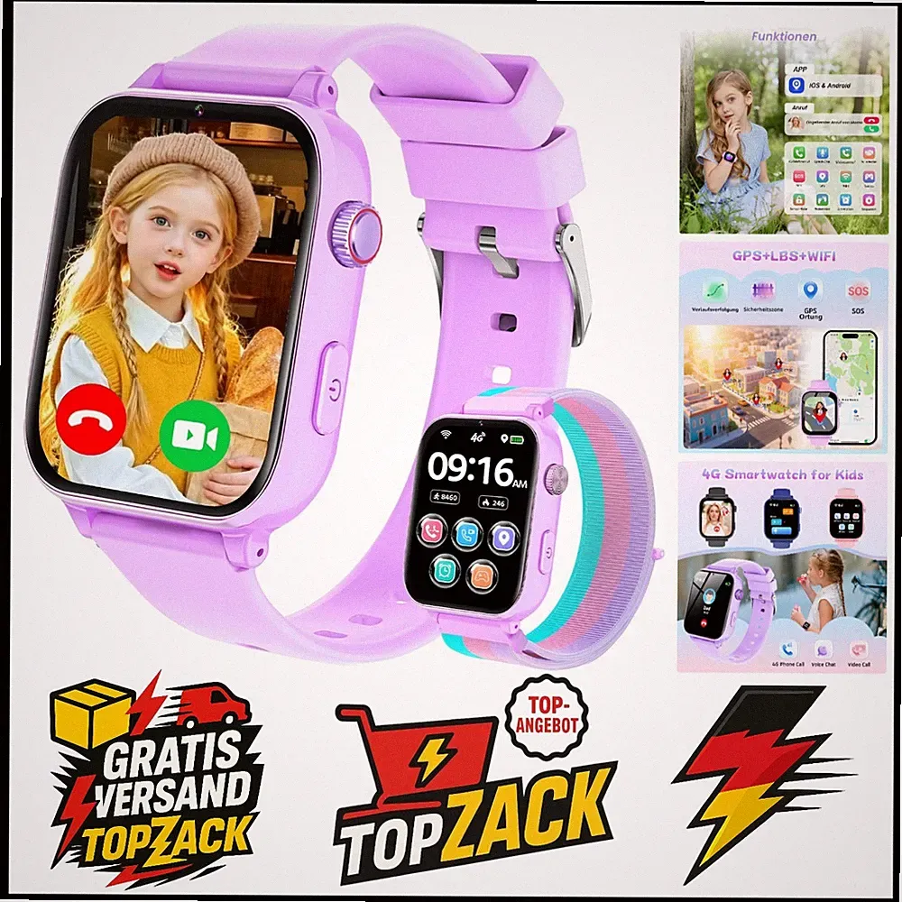 Pthtechus Kinder Smartwatch 4G GPS Sprachchat Videoanruf Schulmodus