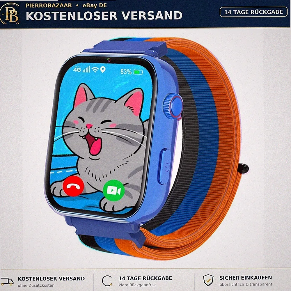 PTHTECHUS Kinder Smartwatch 4G GPS Uhr Telefon Videoanruf SOS Blau