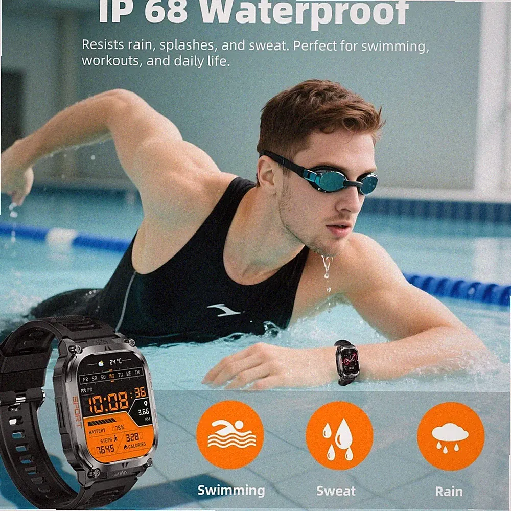 Robustes Smartwatch Herren 2,01 Zoll Militär Taktisch Uhr Outdoor Taschenlampe