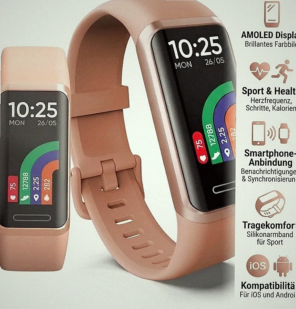 Rosa Fitnessuhr Armband Sportuhr Smartwatch mit AMOLED Display Neu