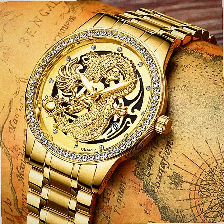 S Herrenuhr Luxus Chinesischer Drache Golden Quarzuhr Diamant Zifferblatt