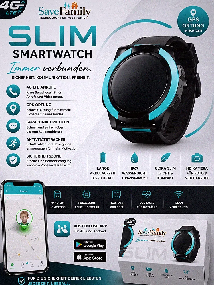 SaveFamily Slim 4G Kinder Smartwatch mit Videoanruf & GPS