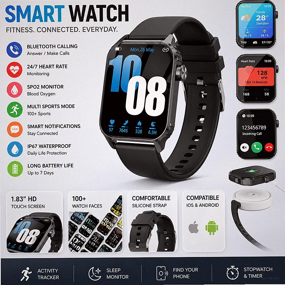 Schwarz Smart Watch Fitness Tracker Bluetooth Anruf Herzfrequenz SpO2 Wasserdicht