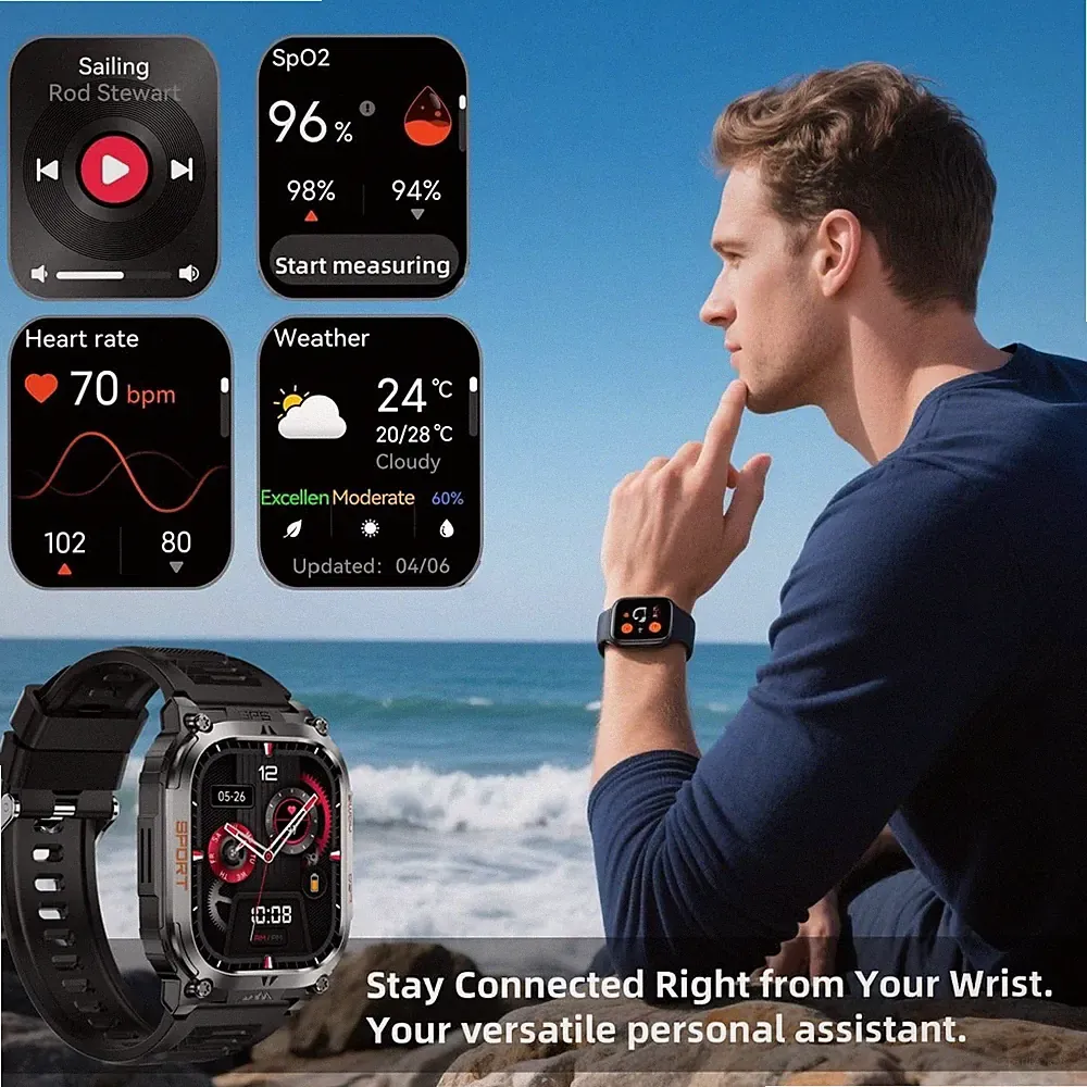 Schwarze Herren Smartwatch Silikonband großes Display robust für raue Umgebungen
