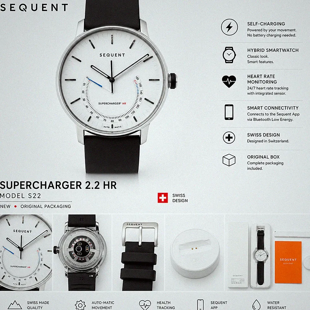 Sequent SuperCharger HR 2.2 Arctic White Hybrid Smartwatch Self-Charging NEW