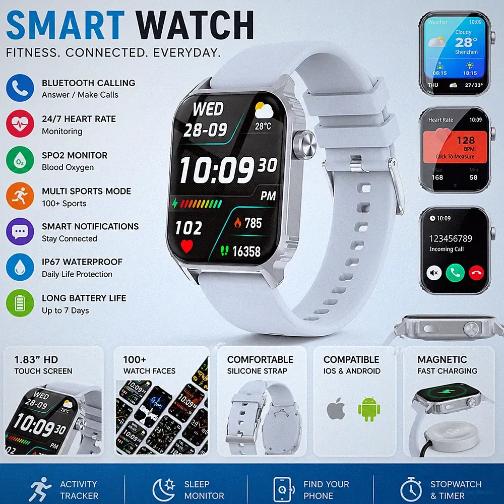 SILBER Smartwatch Fitness Tracker Bluetooth Anruf Herzfrequenz SpO2 Wasserdicht