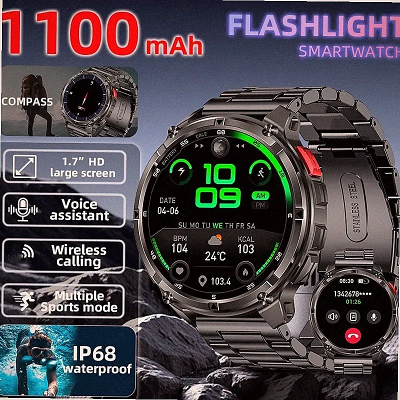 Smart Watch für Android iOS mit Fitness LED Taschenlampe Militärsportuhr 1100mAH